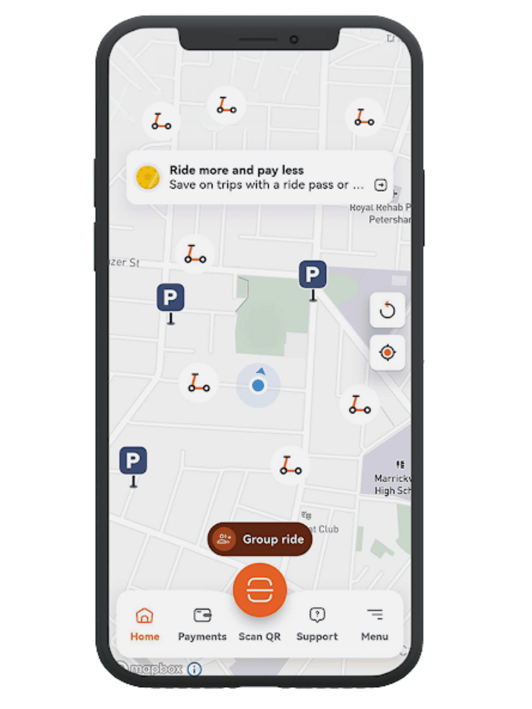 تطبيق الراكب: خريطة مباشرة للمركبات مع مواقف مخصصة وفتح عبر QR وتذاكر رحلات