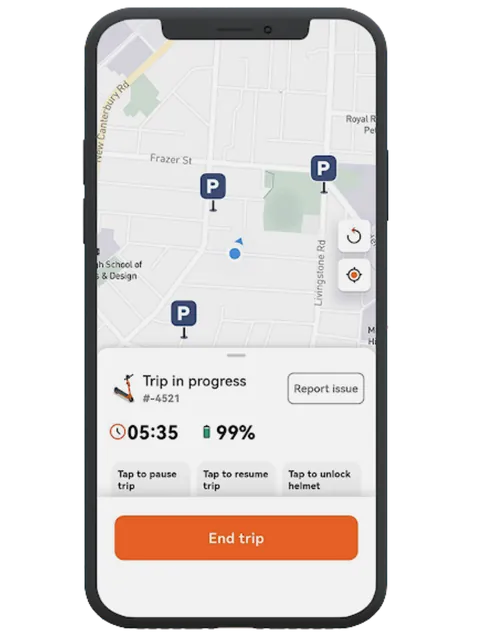 L’application utilisateur en cours de trajet : chronomètre, niveau de batterie, pause et reprise, et fin de trajet
